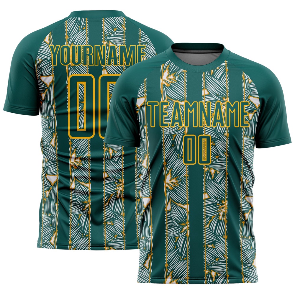 Midnight Green Gold Flowers Sublimation Soccer Uniform Jersey, Custom Team Soccer Jersey Shirt