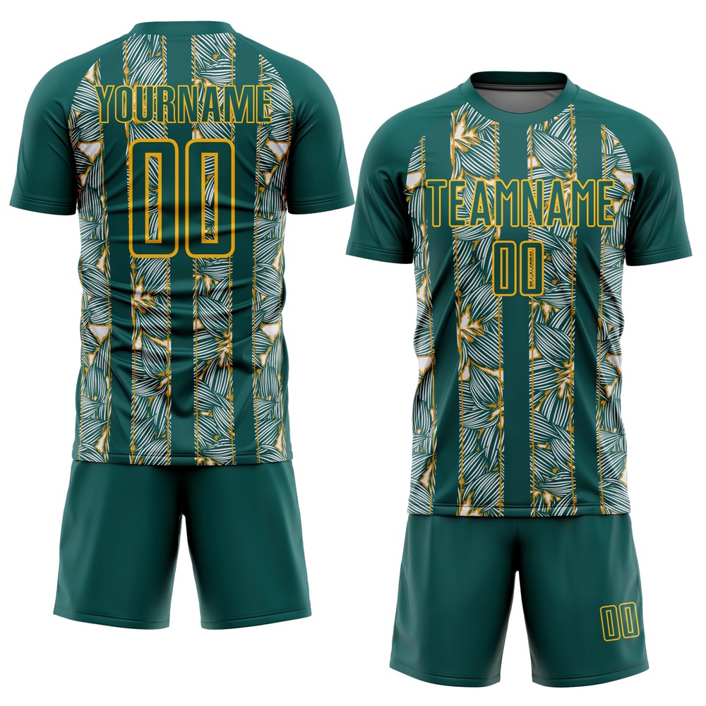 Midnight Green Gold Flowers Sublimation Soccer Uniform Jersey, Custom Team Soccer Jersey Shirt