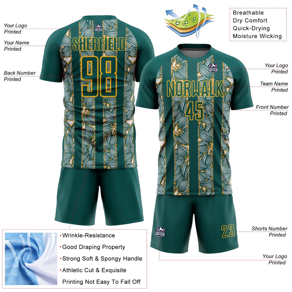 Midnight Green Gold Flowers Sublimation Soccer Uniform Jersey, Custom Team Soccer Jersey Shirt