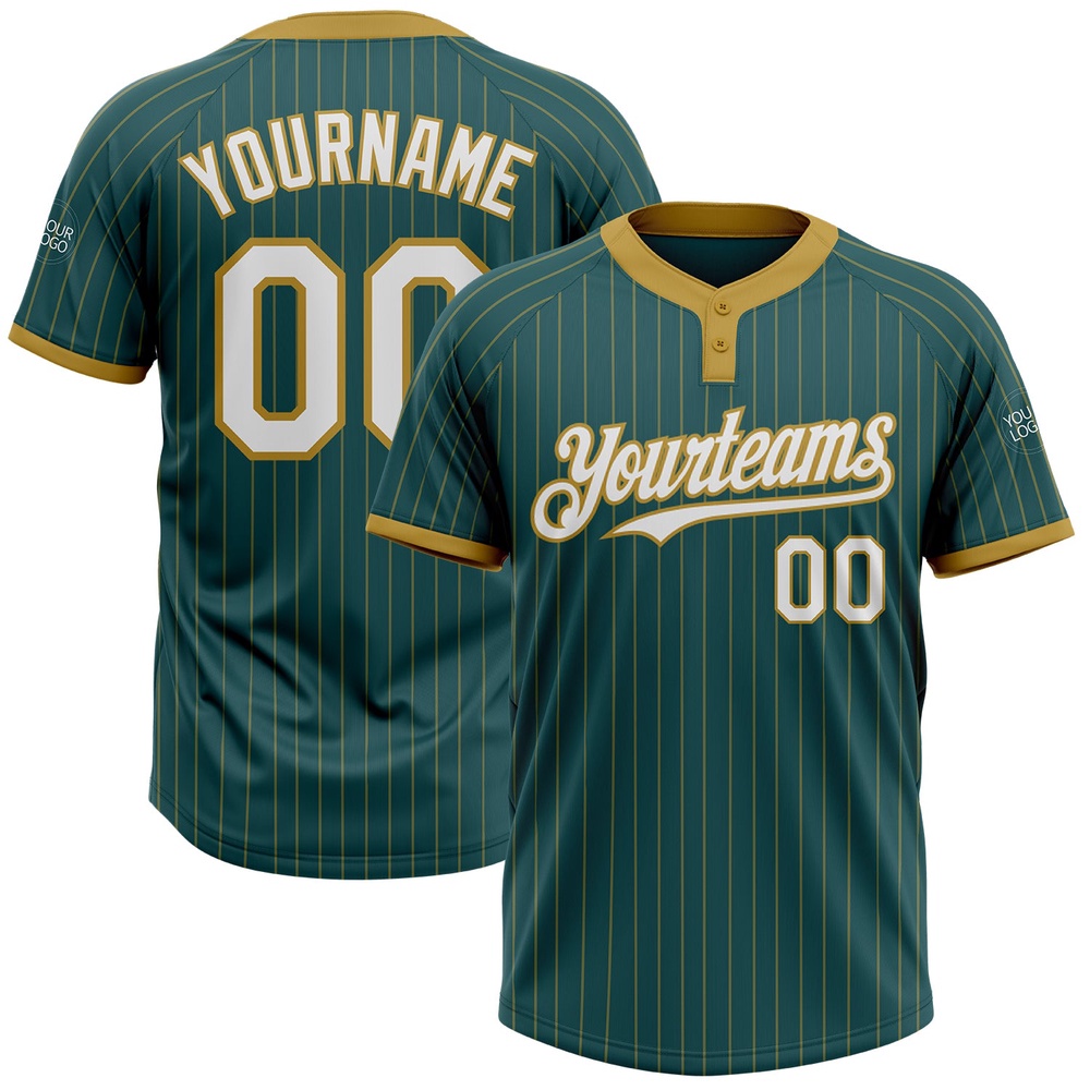 Midnight Green Old Gold Pinstripe White Two Button Unisex Softball Jersey, Custom Team Softball Jersey Midnight Green Old Gold Pinstripe White Two Button Unisex Softball Jersey, Custom Team Softball Jersey