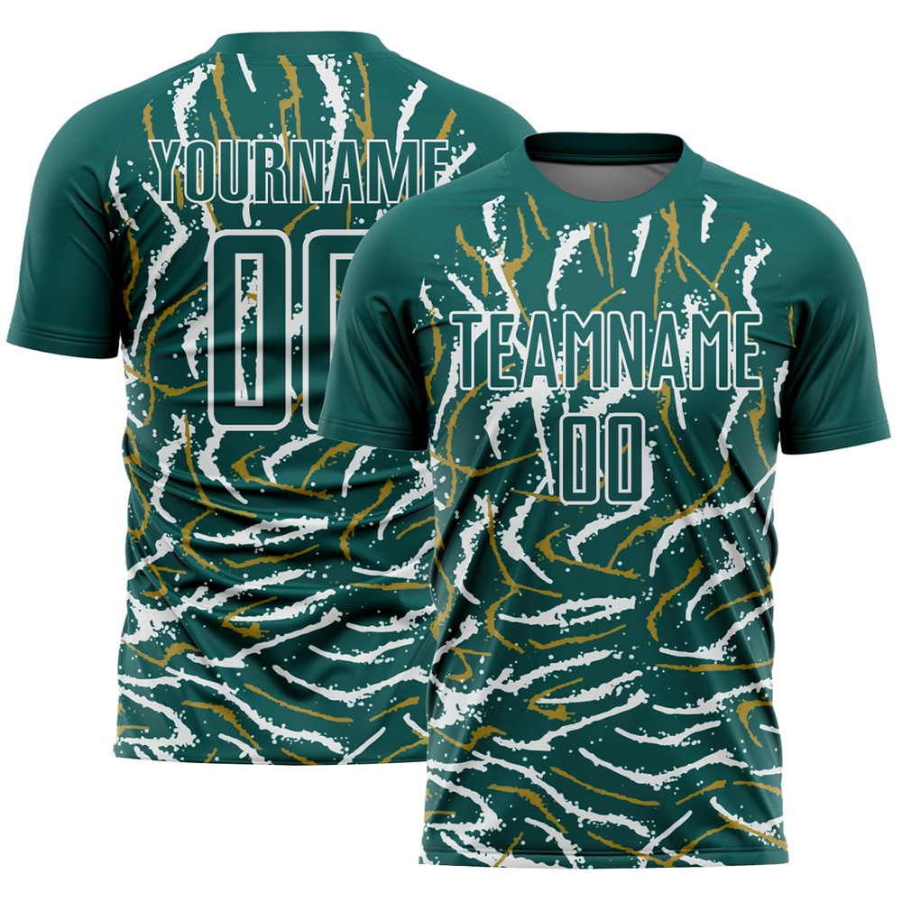 Midnight Green White Curved And Wavy Lines Sublimation Soccer Uniform Jersey, Custom Team Soccer Jersey Shirt