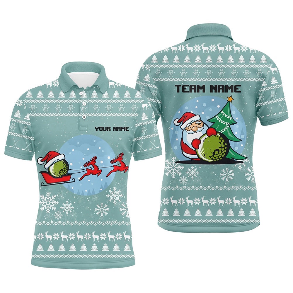 Mint Christmas Men’s Golf Polo Shirts With Reindeer & Santa Custom Golf Tops For Men Golfing Gifts, Golf Polo Shirt, Golf Shirts