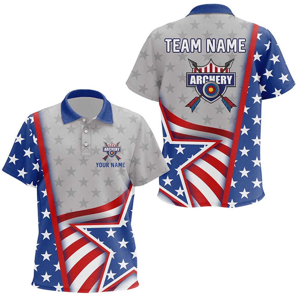 Name American Flag Archery Polo Shirts, Custom Team Name Archery Polo, Custom Archery Team Polo Shirt