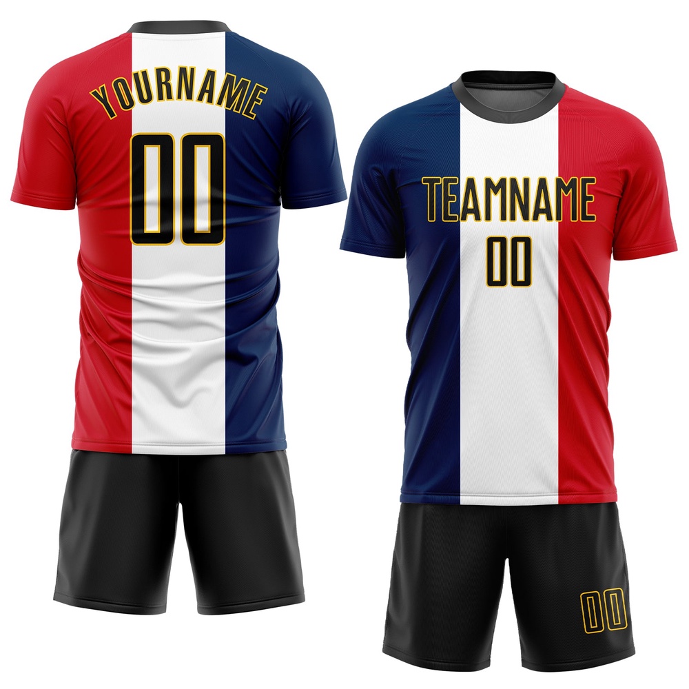 Navy Black White Red Gold Sublimation French Flag Soccer Uniform Jersey, Custom Team Soccer Jersey Shirt