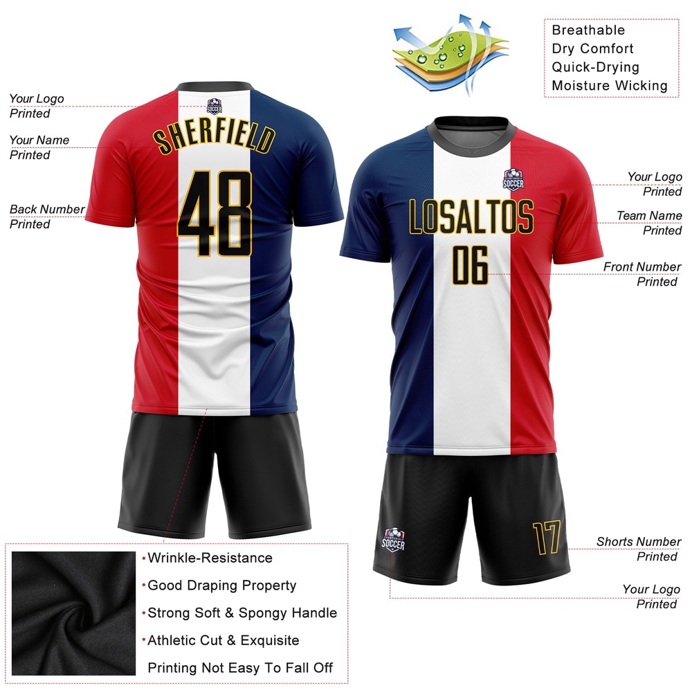 Navy Black White Red Gold Sublimation French Flag Soccer Uniform Jersey, Custom Team Soccer Jersey Shirt