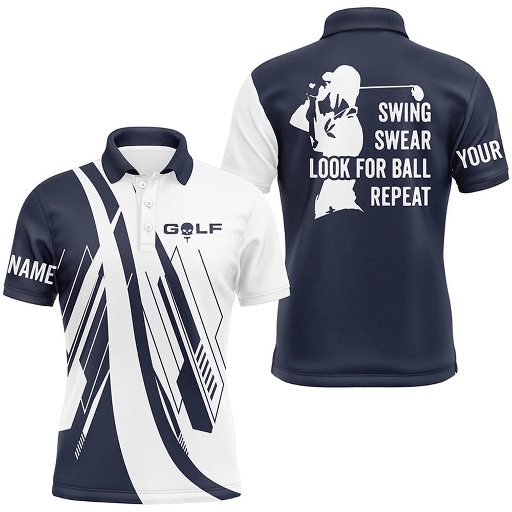 Navy Blue And White Men’s Golf Polo Shirts Custom Swing Swear Look For Ball Repeat Golf Shirt For Men’s, Golf Polo Shirt, Golf Shirts