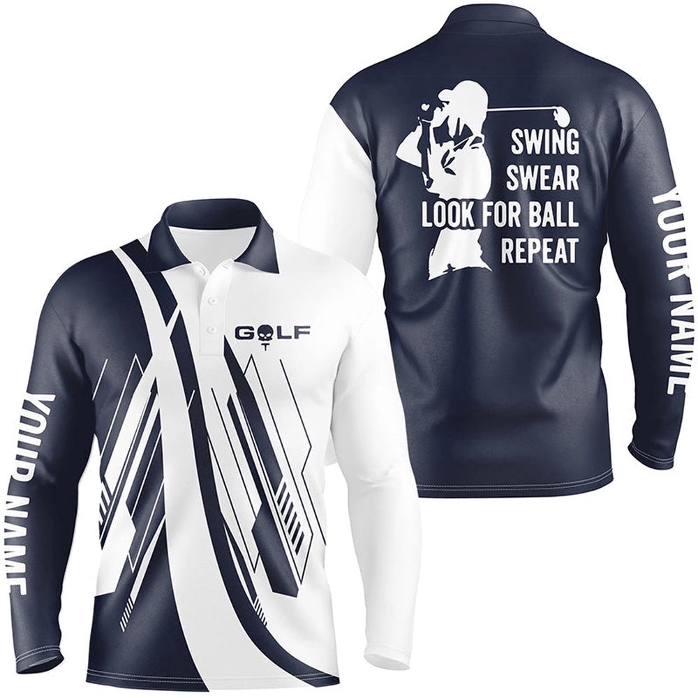 Navy Blue And White Men’s Golf Polo Shirts Custom Swing Swear Look For Ball Repeat Golf Shirt For Men’s, Golf Polo Shirt, Golf Shirts