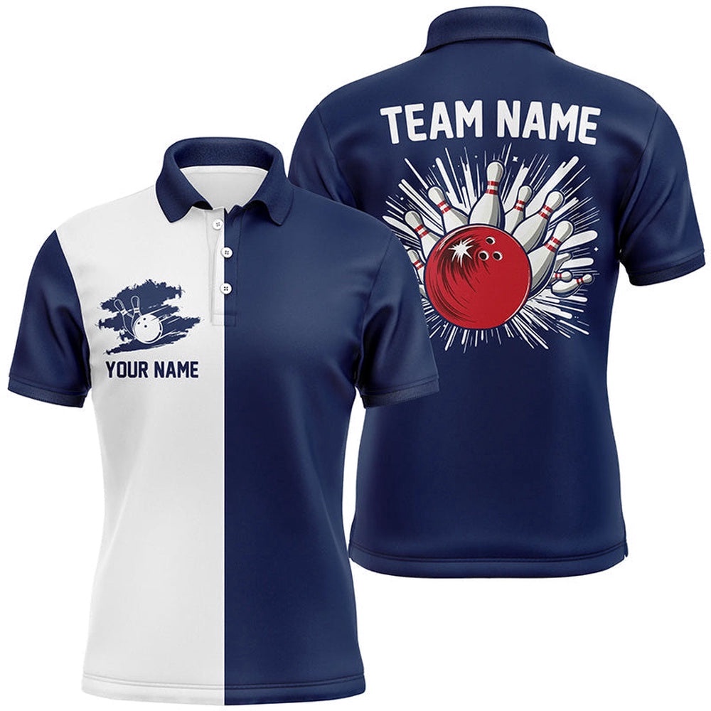 Navy Blue And White Retro Bowling Shirts For Men Custom Team Bowling Polo Shirt Gift For Bowlers, Personalized Bowling Team Shirt