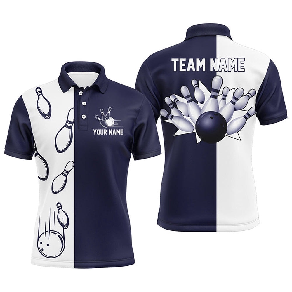 Navy Blue And White Retro Vintage Bowling Polo Shirts For Men Custom Bowling Team Polo Shirt, Personalized Bowling Team Shirt