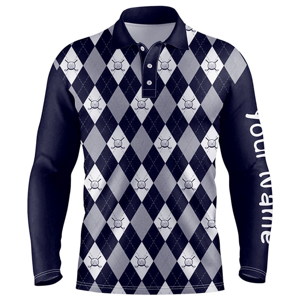 Navy Blue Argyle Plaid Pattern Men’s Golf Polo Shirts Custom Golf Attire For Men, Men’s Golf Apparel, Golf Polo Shirt, Golf Shirts
