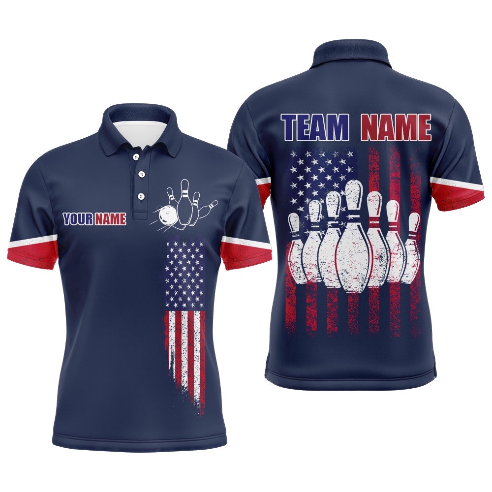 Navy Bowling Polo Shirt For Men Custom American Bowling Team Polo Shirt Patriot Bowling Shirt, Personalized Bowling Team Shirt
