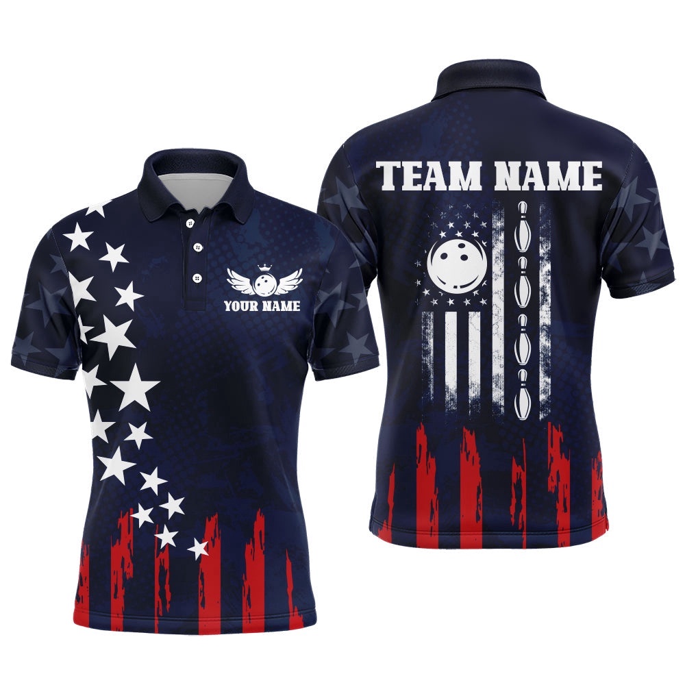 Navy Bowling Polo Shirt Men American Bowling Team Polo Shirt Custom Star Bowling Shirts, Personalized Bowling Team Shirt