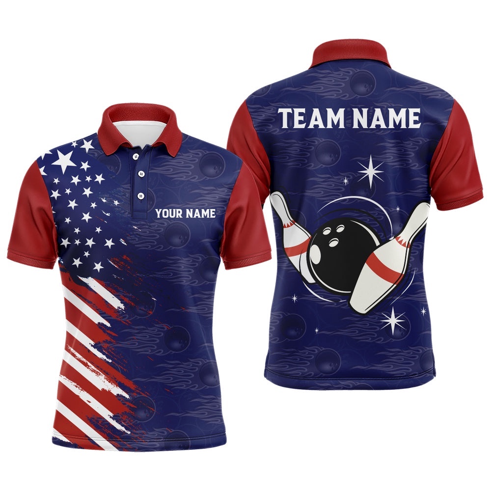 Navy Bowling Polo Shirt Men Custom American Bowling Polo Shirt Seamless Pattern Bowling Shirts, Personalized Bowling Team Shirt