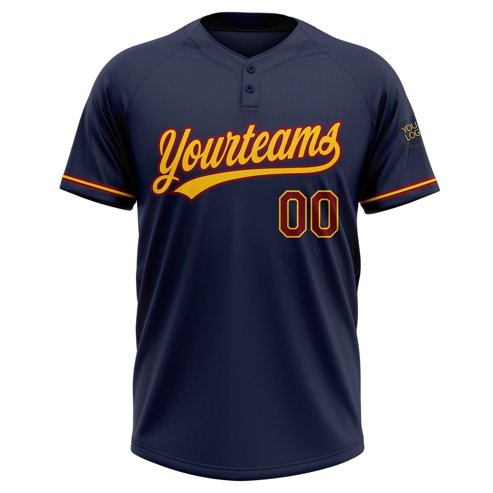 Navy Crimson Yellow Two Button Unisex Softball Jersey, Custom Team Softball Jersey