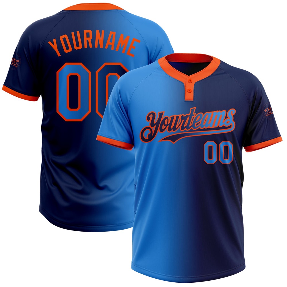Navy Electric Blue Orange Gradient Fashion Two Button Unisex Softball Jersey, Custom Team Softball Jersey