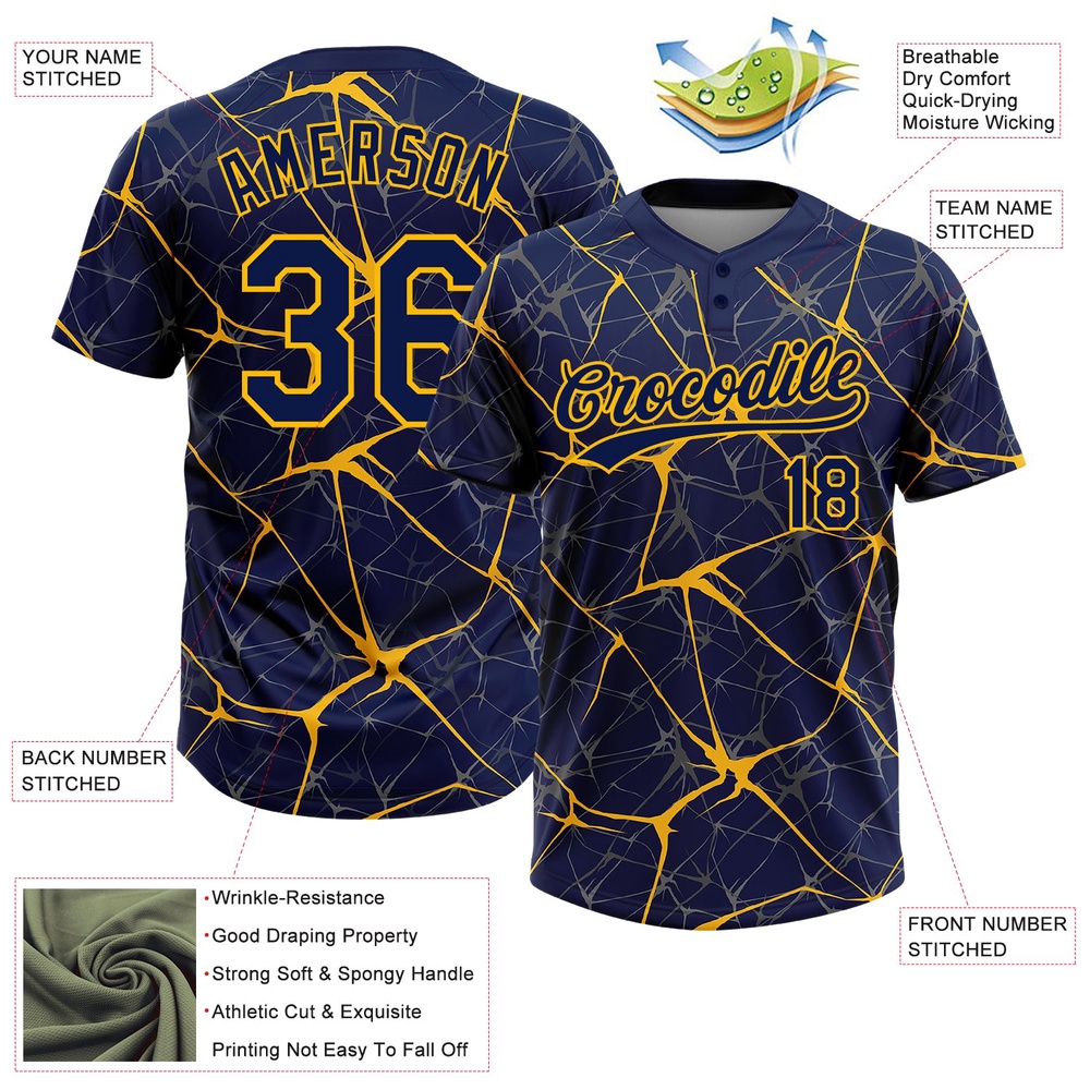 Navy Gold 3D Pattern Abstract Network Two Button Unisex Softball Jersey, Custom Team Softball Jersey Navy Gold 3D Pattern Abstract Network Two Button Unisex Softball Jersey, Custom Team Softball Jersey
