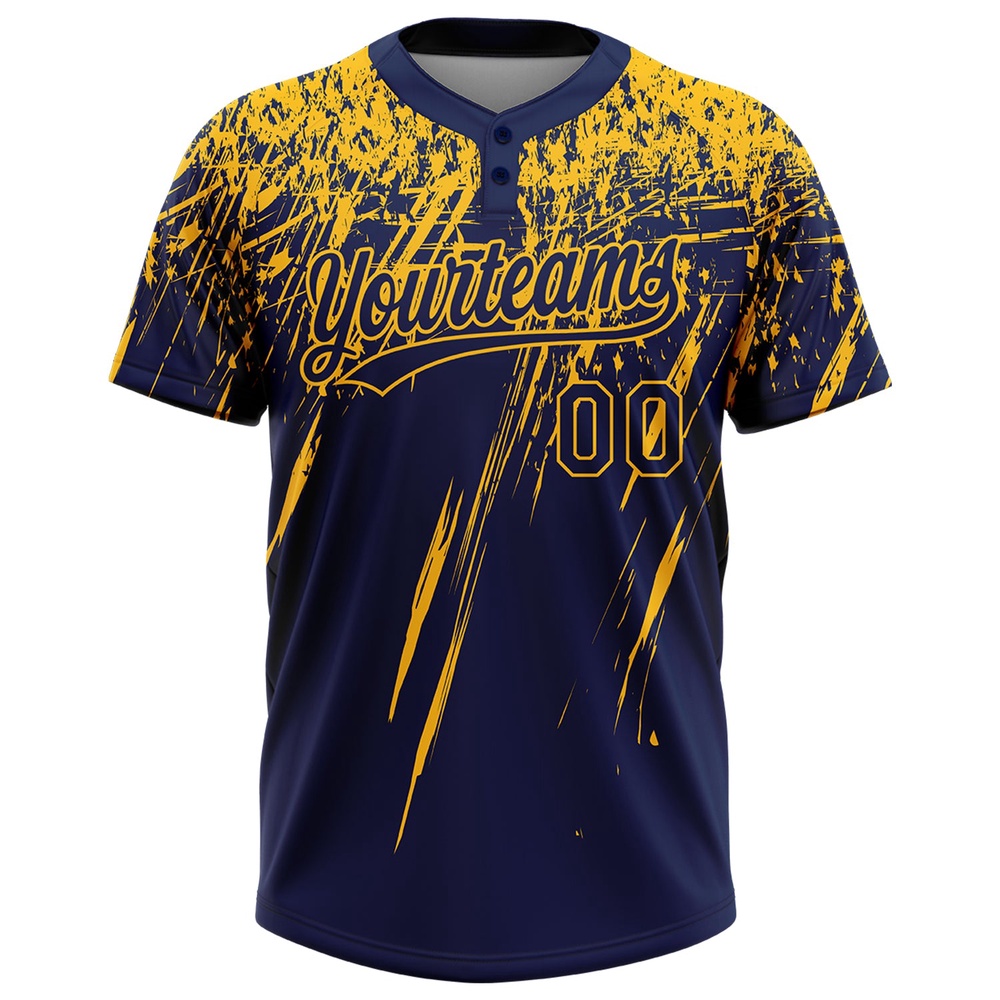 Navy Gold 3D Pattern Abstract Sharp Shape Two Button Unisex Softball Jersey, Custom Team Softball Jersey