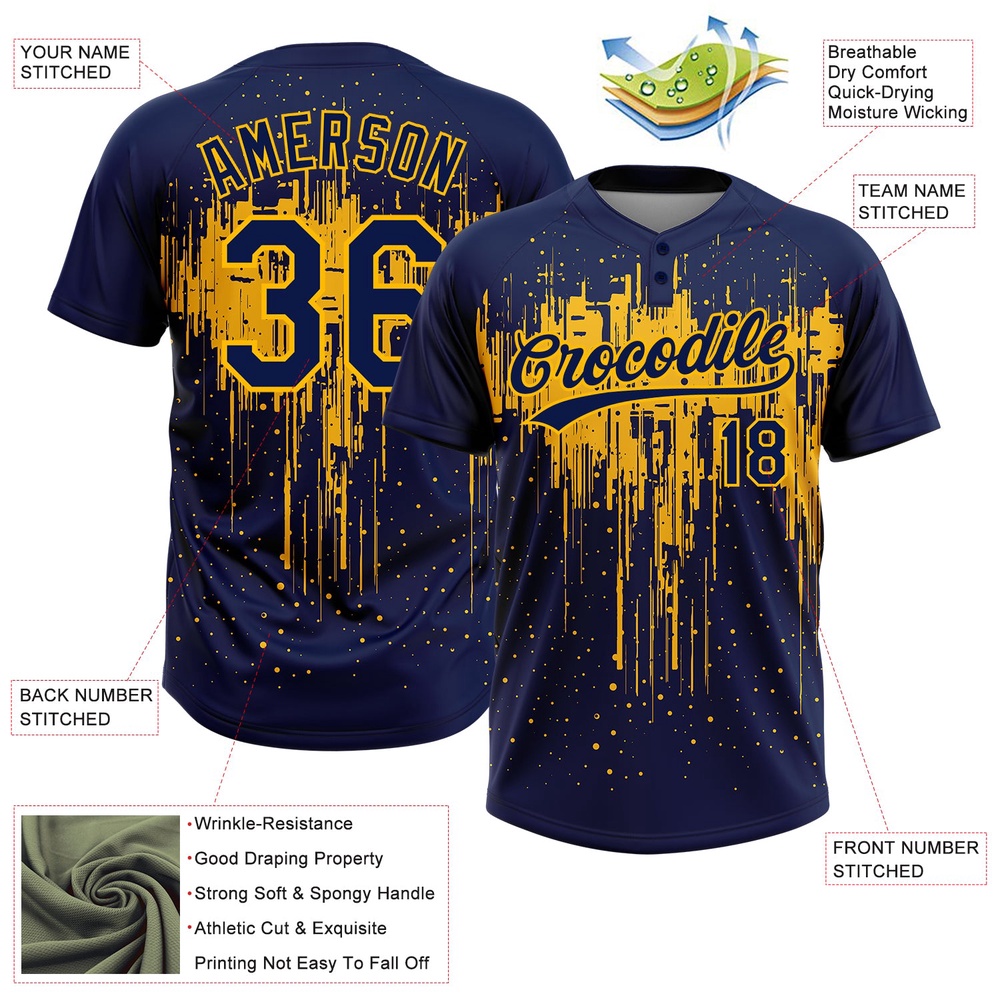 Navy Gold 3D Pattern Dripping Splatter Art Two Button Unisex Softball Jersey, Custom Team Softball Jersey