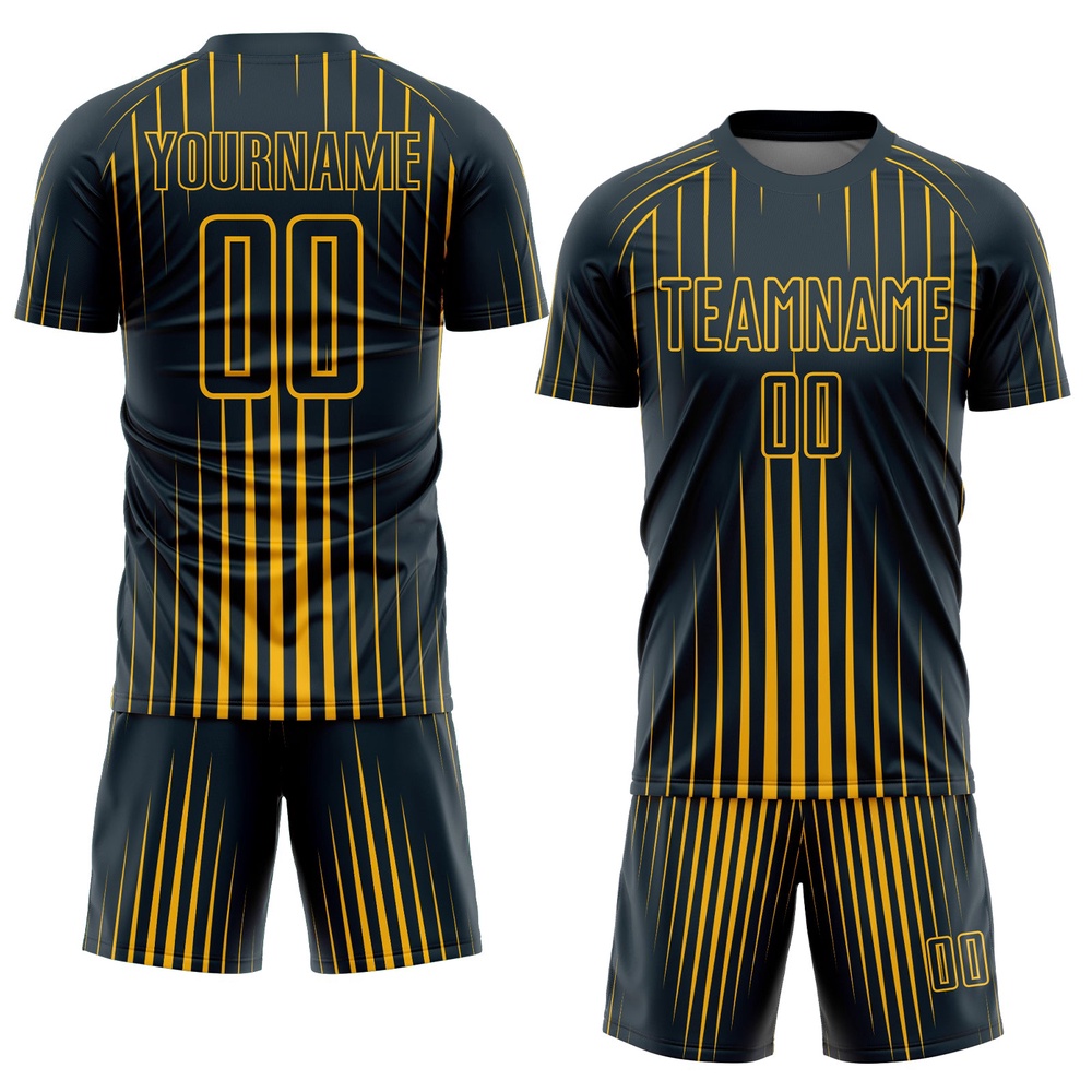 Navy Gold Lines Sublimation Soccer Uniform Jersey, Custom Team Soccer Jersey Shirt