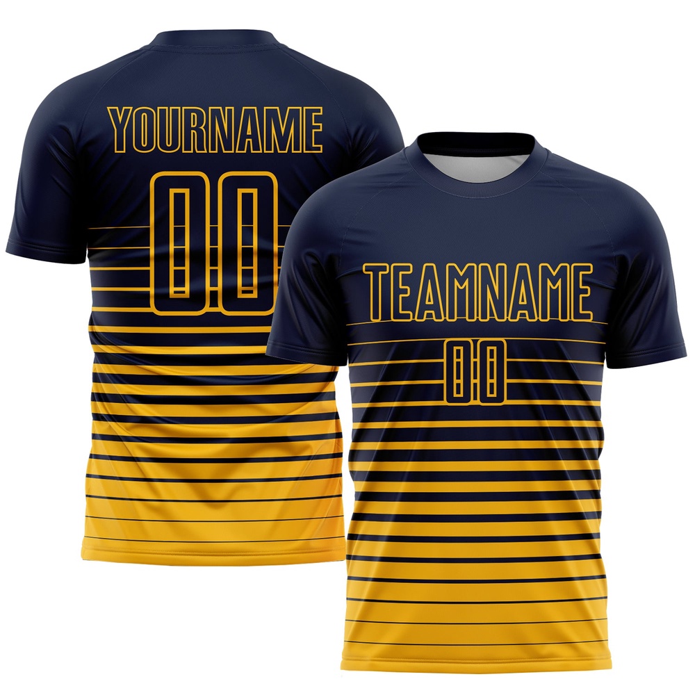 Navy Gold Pinstripe Fade Fashion Sublimation Soccer Uniform Jersey, Custom Team Soccer Jersey Shirt Navy Gold Pinstripe Fade Fashion Sublimation Soccer Uniform Jersey, Custom Team Soccer Jersey Shirt