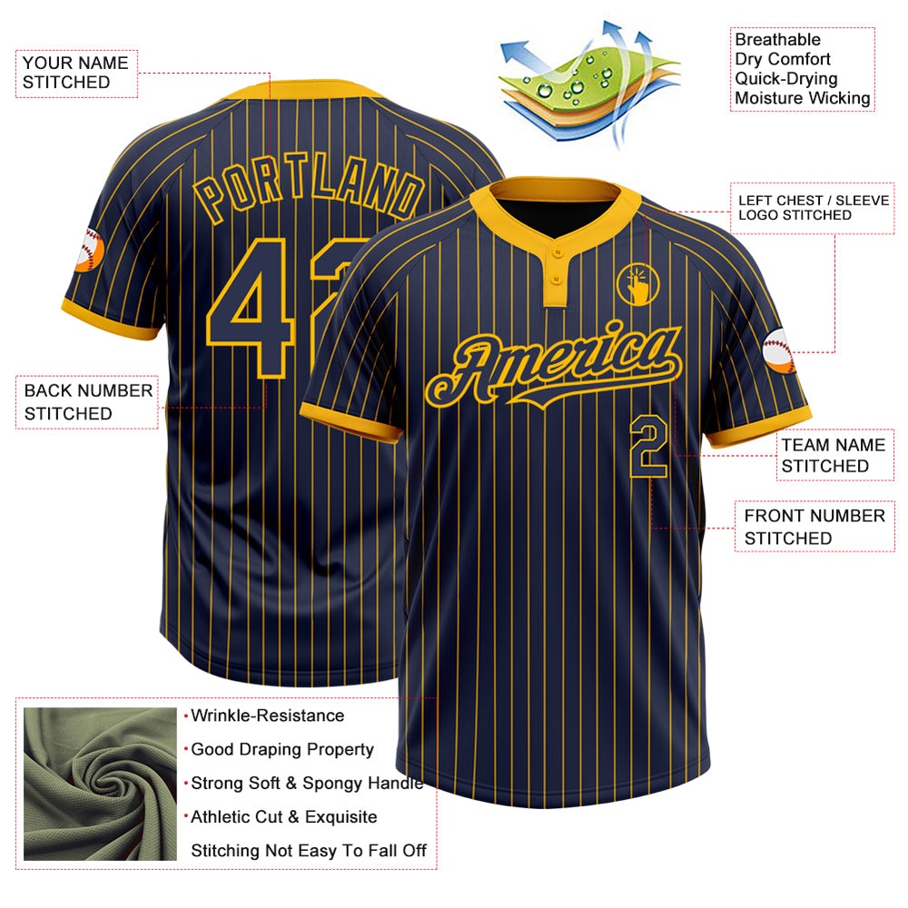 Navy Gold Pinstripe Gold Two Button Unisex Softball Jersey, Custom Team Softball Jersey