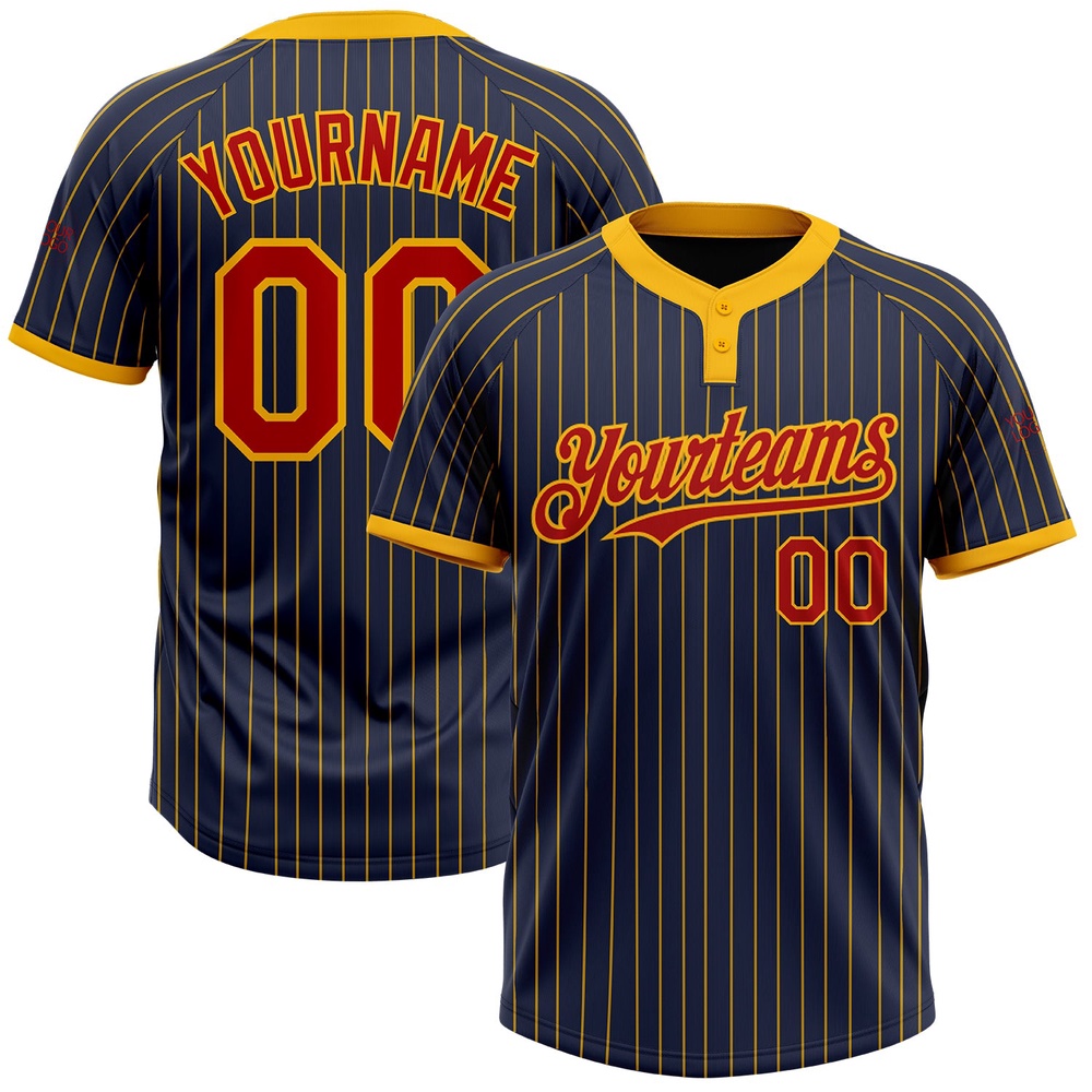Navy Gold Pinstripe Red Two Button Unisex Softball Jersey, Custom Team Softball Jersey