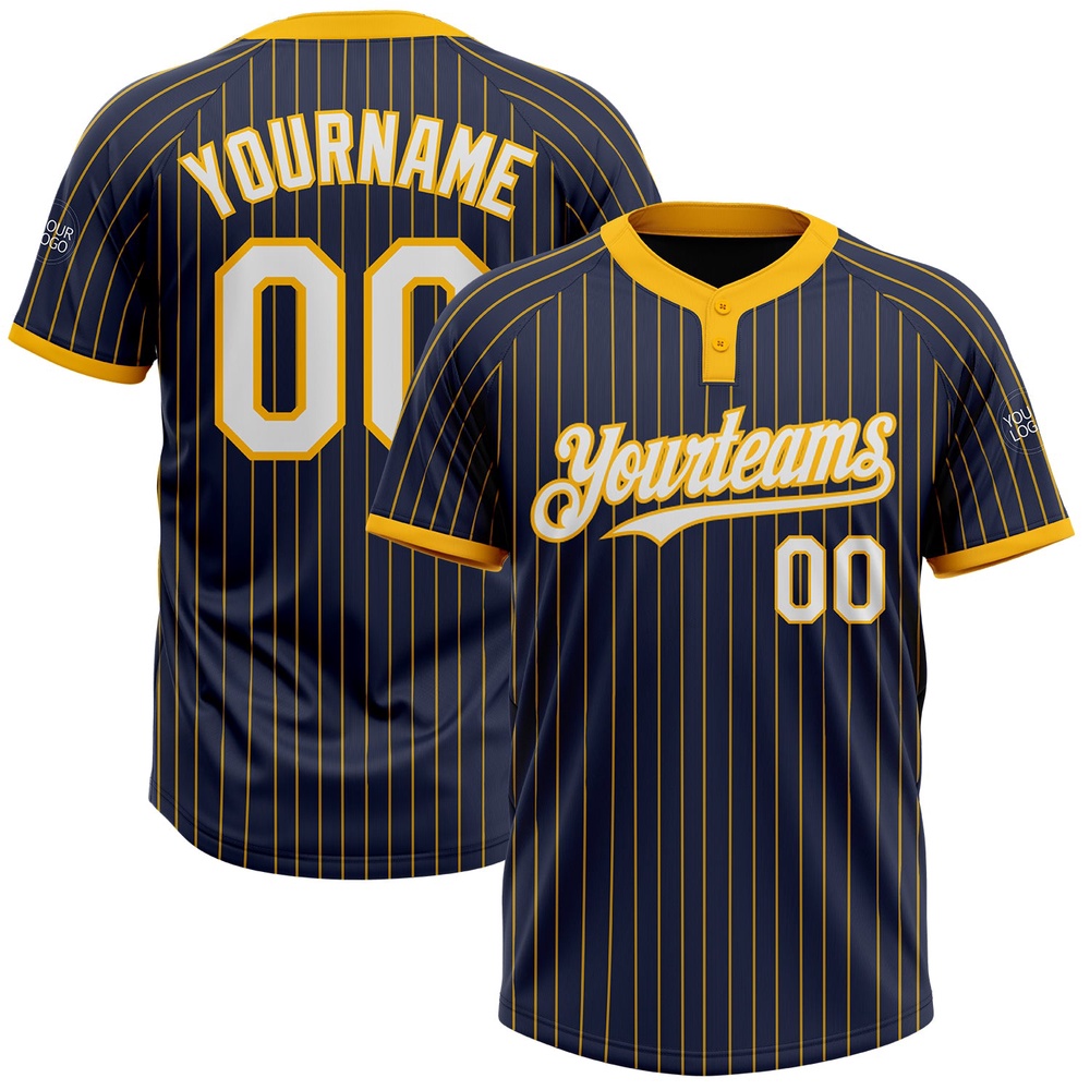 Navy Gold Pinstripe White Two Button Unisex Softball Jersey, Custom Team Softball Jersey