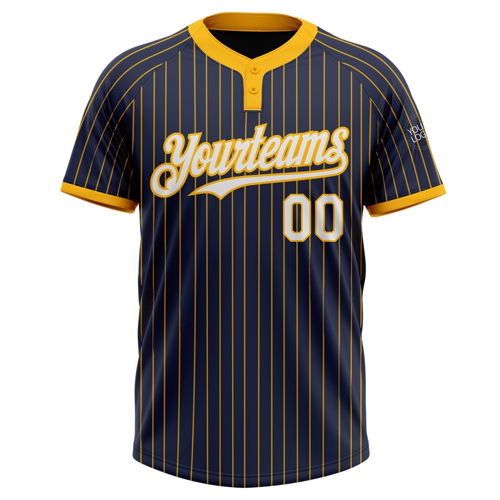 Navy Gold Pinstripe White Two Button Unisex Softball Jersey, Custom Team Softball Jersey