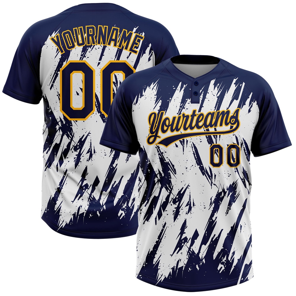 Navy Gold White 3D Pattern Abstract Sharp Shape Two Button Unisex Softball Jersey, Custom Team Softball Jersey
