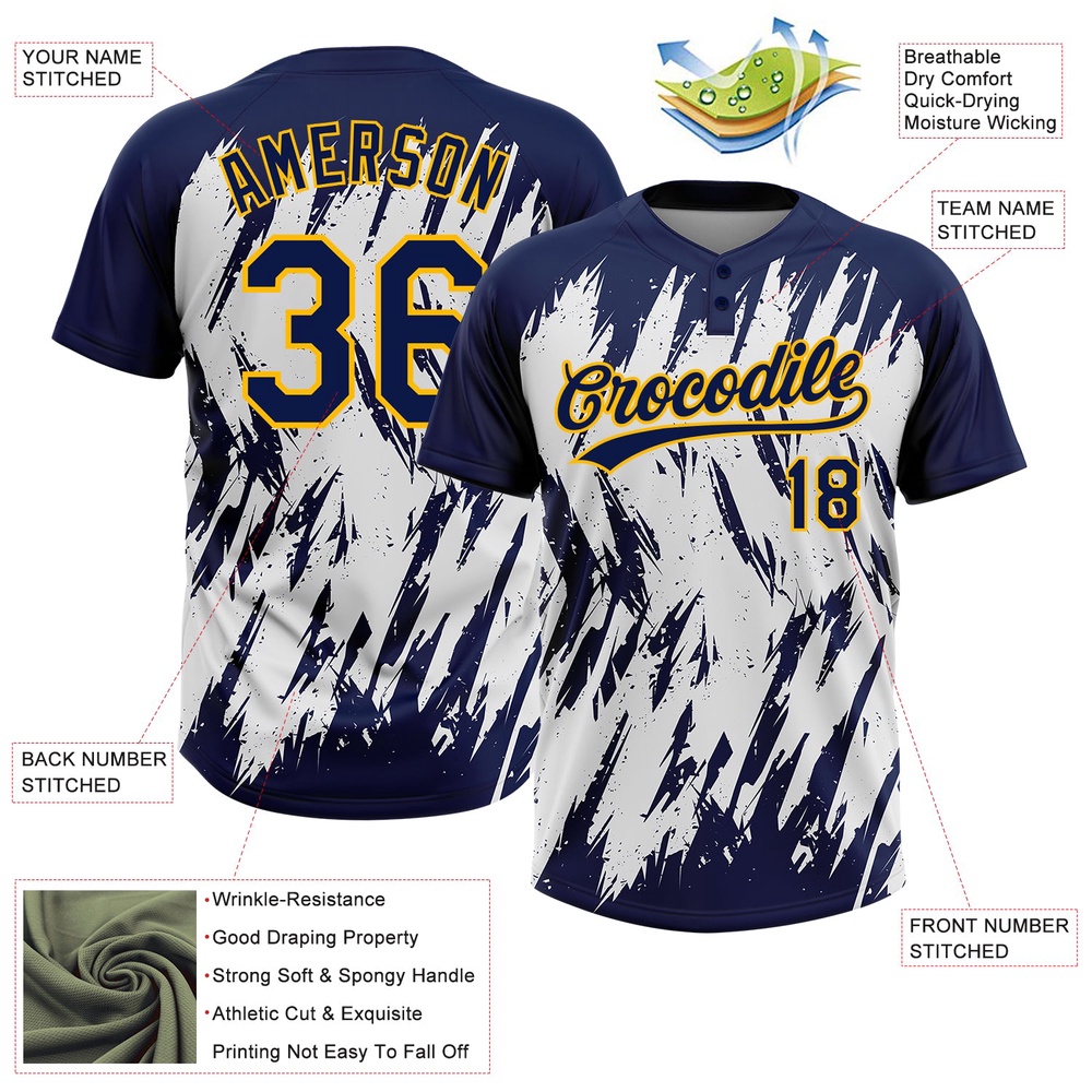 Navy Gold White 3D Pattern Abstract Sharp Shape Two Button Unisex Softball Jersey, Custom Team Softball Jersey