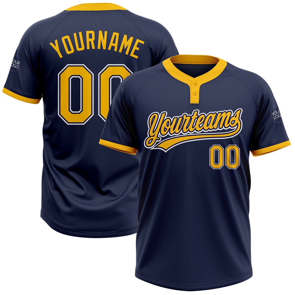 Navy Gold White Two Button Unisex Softball Jersey, Custom Team Softball Jersey