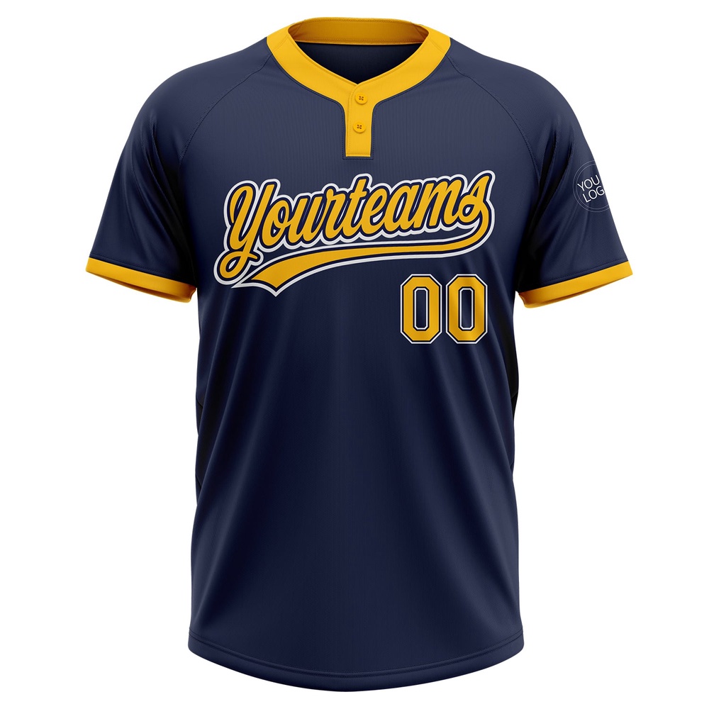 Navy Gold White Two Button Unisex Softball Jersey, Custom Team Softball Jersey