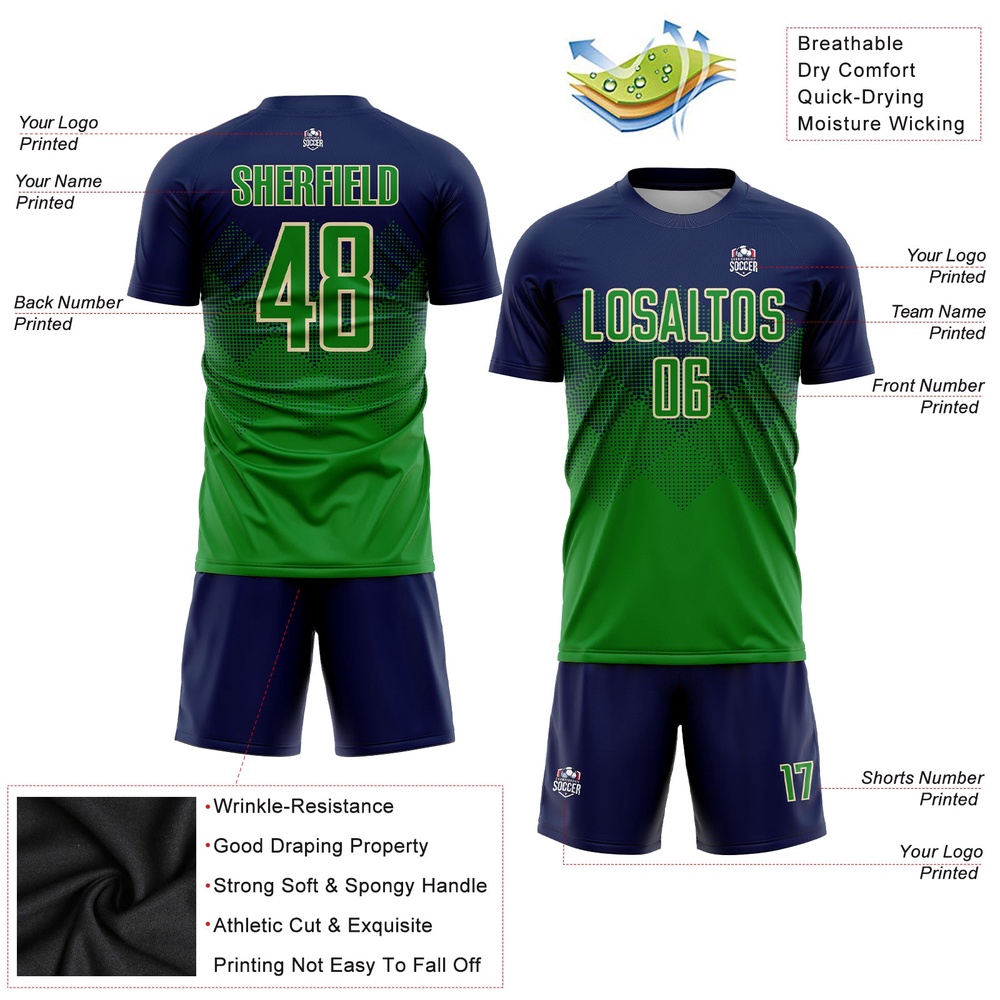 Navy Grass Green Cream Sublimation Soccer Uniform Jersey, Custom Team Soccer Jersey Shirt