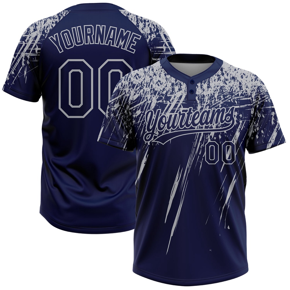 Navy Gray 3D Pattern Abstract Sharp Shape Two Button Unisex Softball Jersey, Custom Team Softball Jersey
