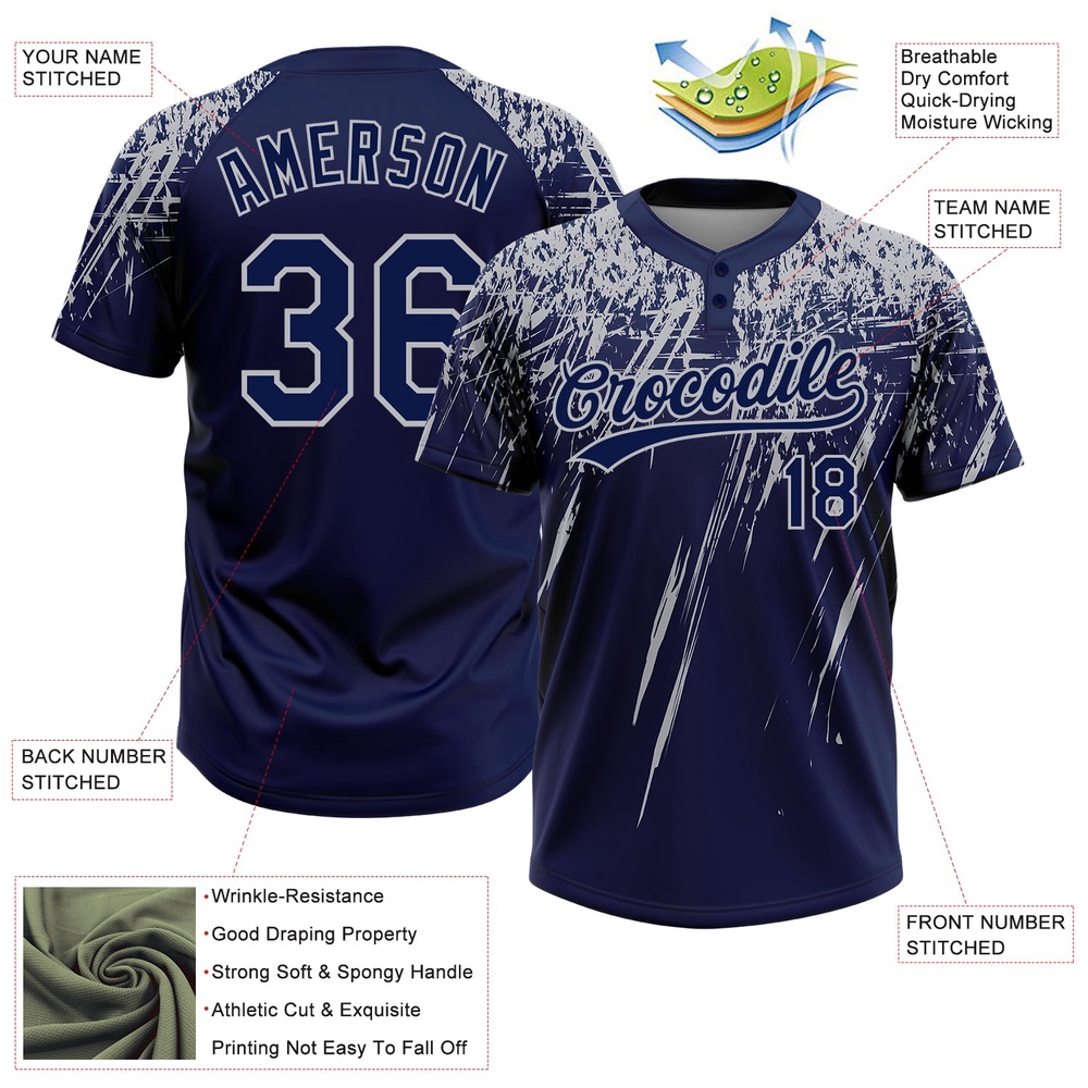 Navy Gray 3D Pattern Abstract Sharp Shape Two Button Unisex Softball Jersey, Custom Team Softball Jersey