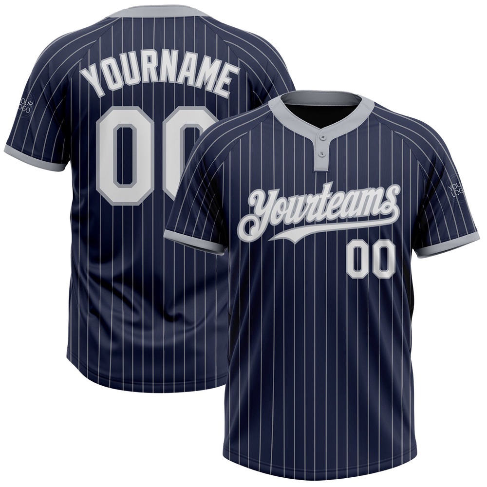 Navy Gray Pinstripe White Two Button Unisex Softball Jersey, Custom Team Softball Jersey