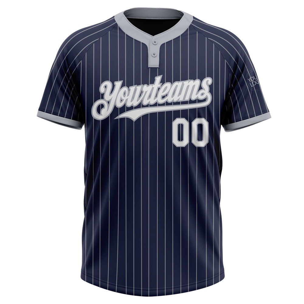 Navy Gray Pinstripe White Two Button Unisex Softball Jersey, Custom Team Softball Jersey