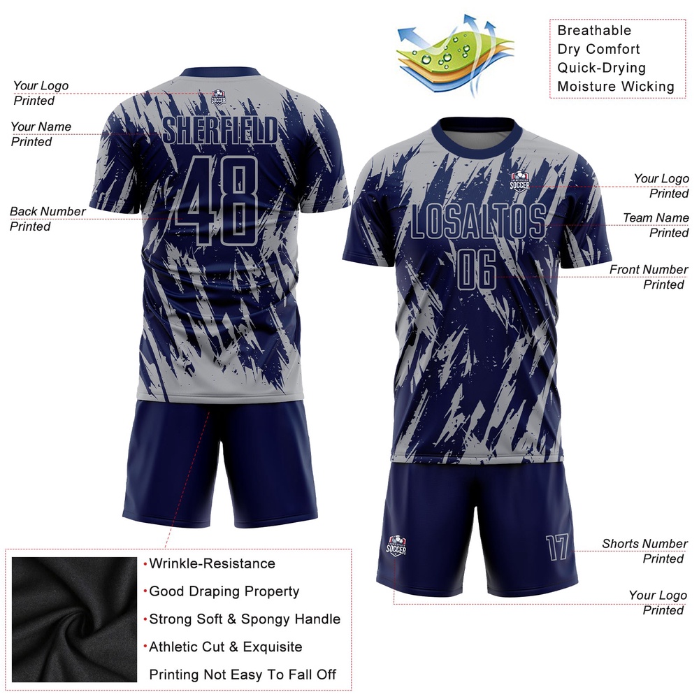 Navy Gray Sublimation Soccer Uniform Jersey, Custom Team Soccer Jersey Shirt Navy Gray Sublimation Soccer Uniform Jersey, Custom Team Soccer Jersey Shirt