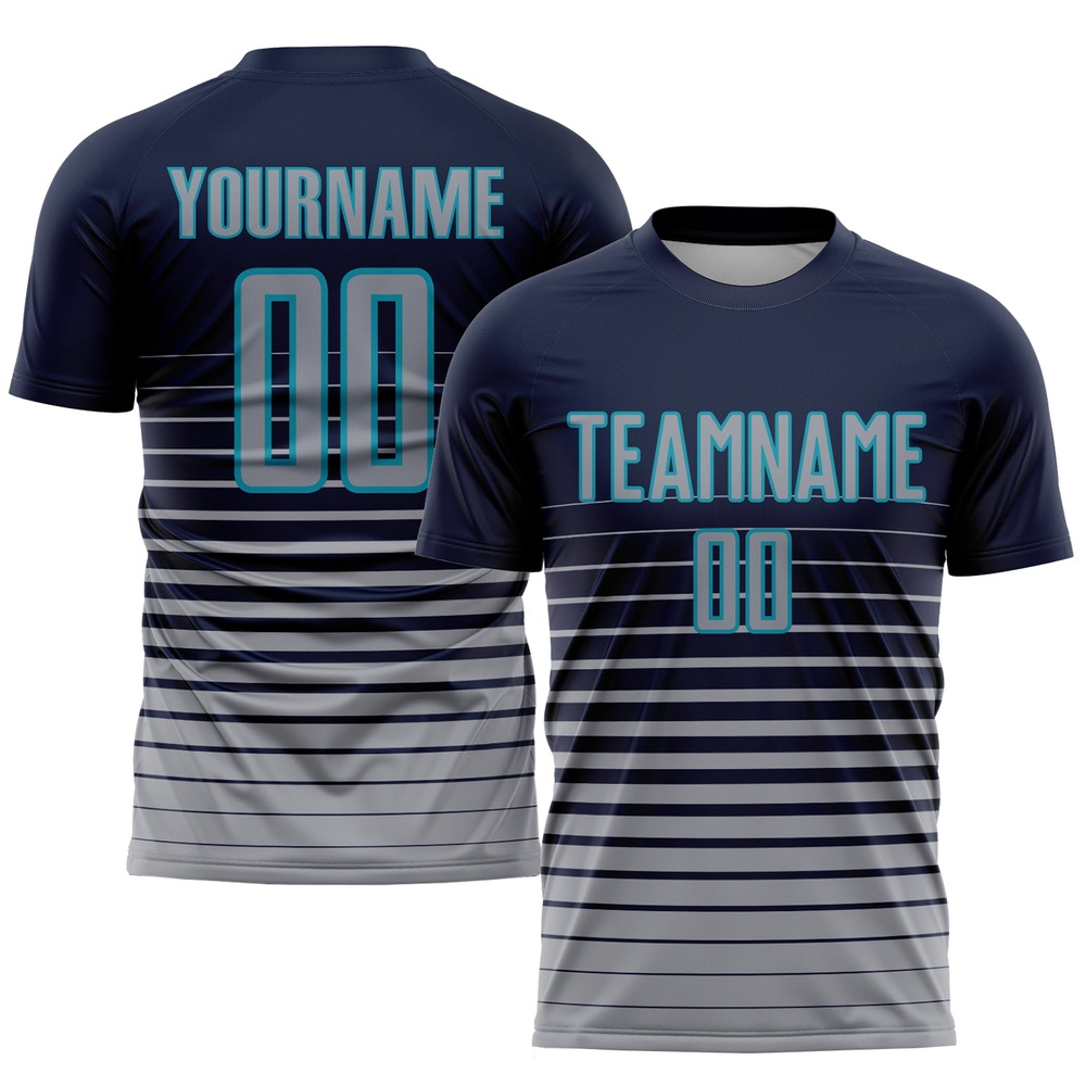 Navy Gray Teal Pinstripe Fade Fashion Sublimation Soccer Uniform Jersey, Custom Team Soccer Jersey Shirt Navy Gray Teal Pinstripe Fade Fashion Sublimation Soccer Uniform Jersey, Custom Team Soccer Jersey Shirt