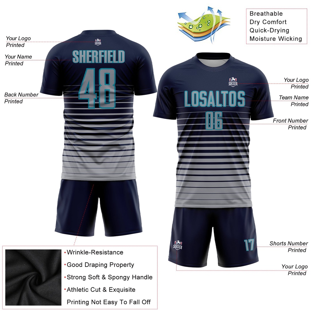 Navy Gray Teal Pinstripe Fade Fashion Sublimation Soccer Uniform Jersey, Custom Team Soccer Jersey Shirt Navy Gray Teal Pinstripe Fade Fashion Sublimation Soccer Uniform Jersey, Custom Team Soccer Jersey Shirt