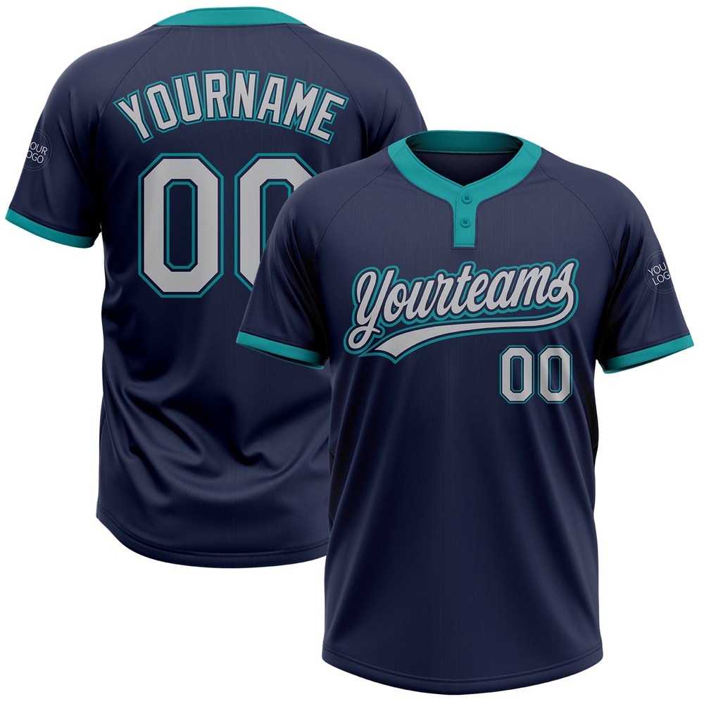 Navy Gray Teal Two Button Unisex Softball Jersey, Custom Team Softball Jersey