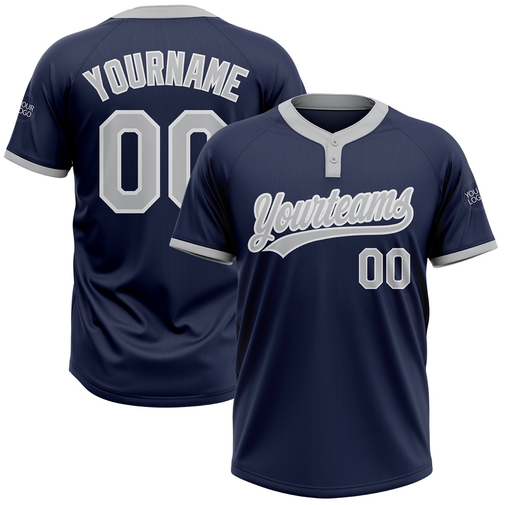 Navy Gray White Two Button Unisex Softball Jersey, Custom Team Softball Jersey