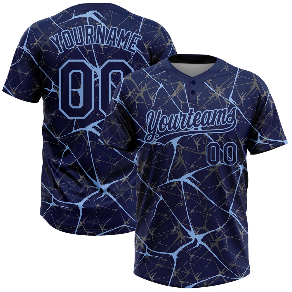 Navy Light Blue 3D Pattern Abstract Network Two Button Unisex Softball Jersey, Custom Team Softball Jersey