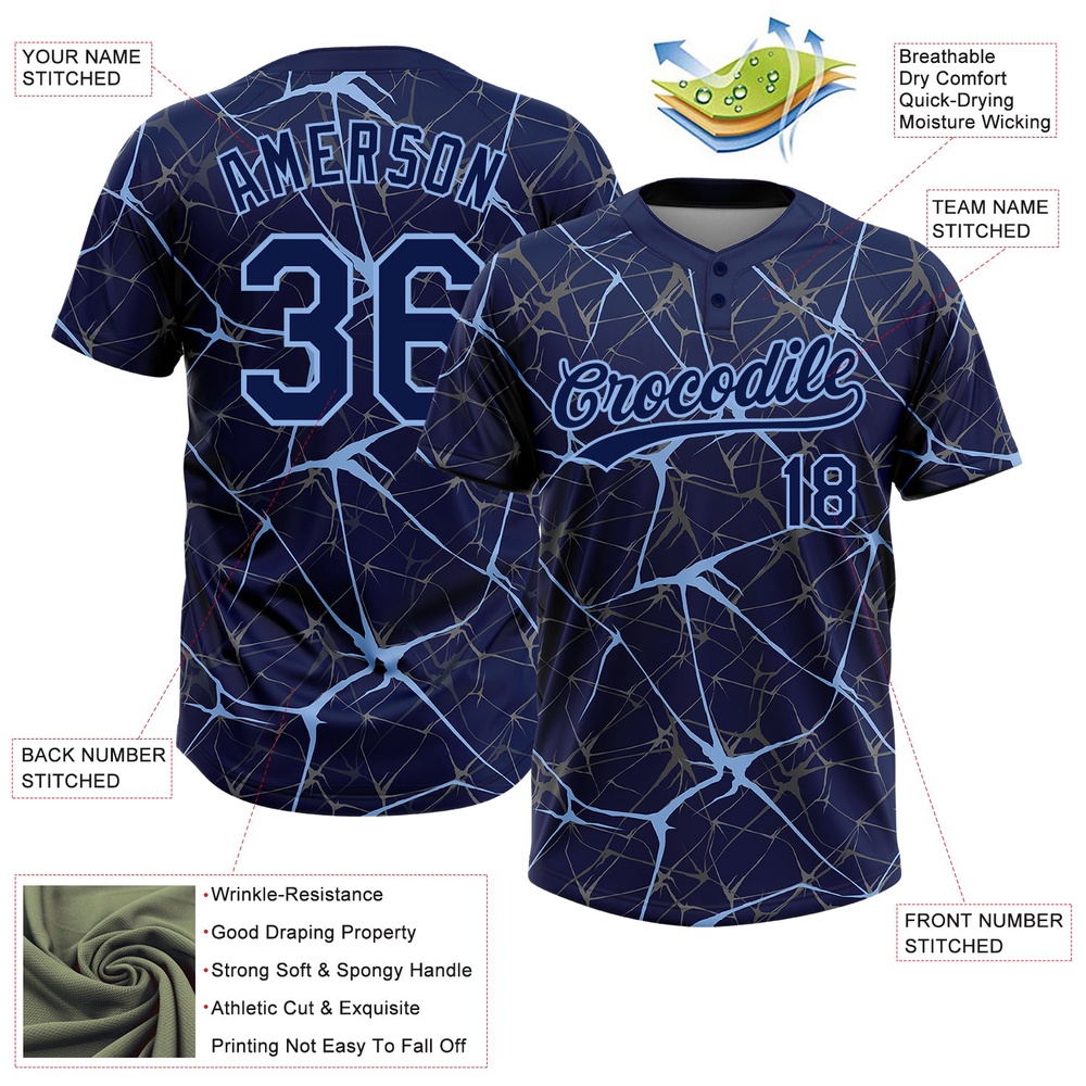 Navy Light Blue 3D Pattern Abstract Network Two Button Unisex Softball Jersey, Custom Team Softball Jersey