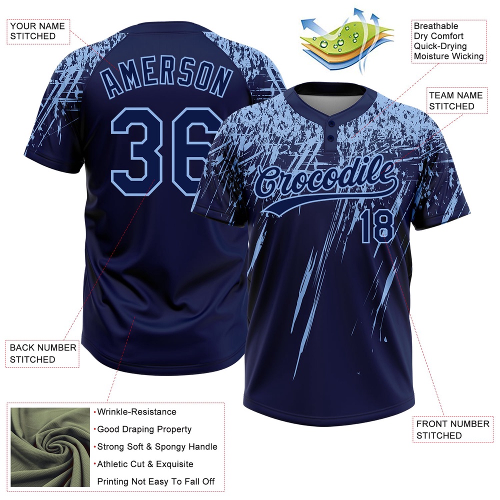 Navy Light Blue 3D Pattern Abstract Sharp Shape Two Button Unisex Softball Jersey, Custom Team Softball Jersey