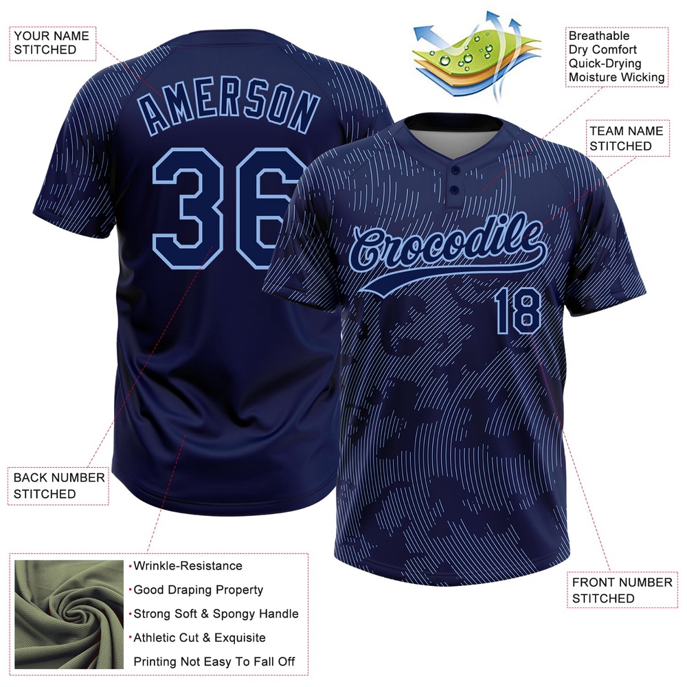 Navy Light Blue 3D Pattern Curve Lines Two Button Unisex Softball Jersey, Custom Team Softball Jersey