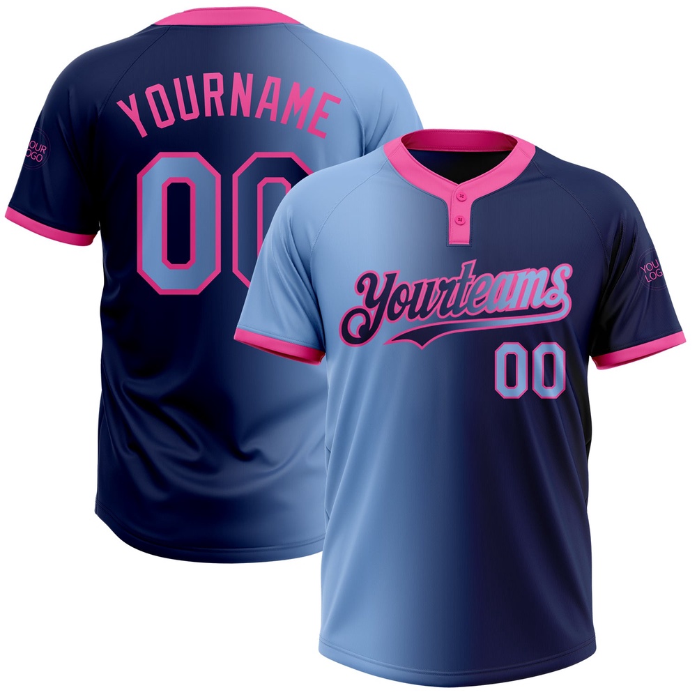 Navy Light Blue Pink Gradient Fashion Two Button Unisex Softball Jersey, Custom Team Softball Jersey