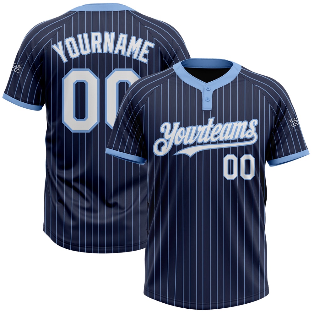 Navy Light Blue Pinstripe White Two Button Unisex Softball Jersey, Custom Team Softball Jersey