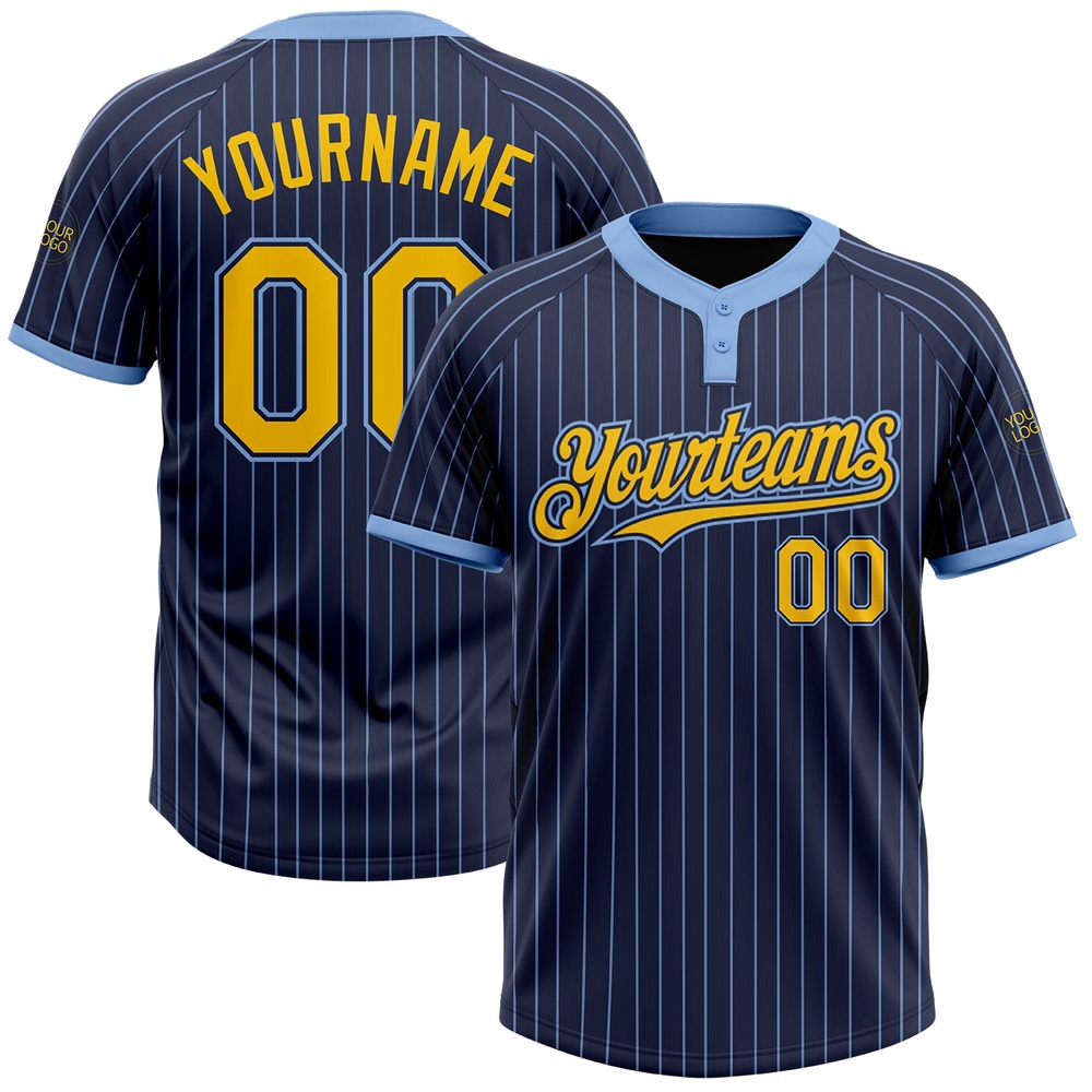 Navy Light Blue Pinstripe Yellow Two Button Unisex Softball Jersey, Custom Team Softball Jersey