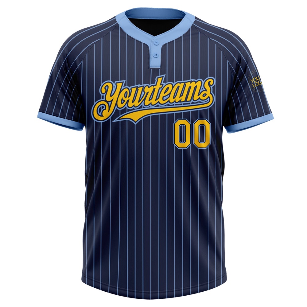 Navy Light Blue Pinstripe Yellow Two Button Unisex Softball Jersey, Custom Team Softball Jersey